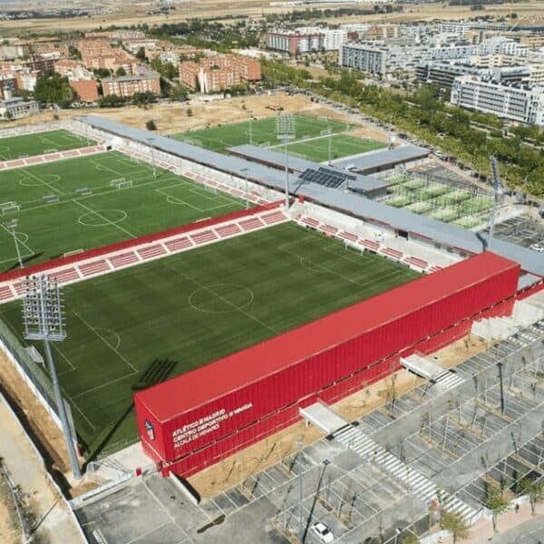 An aerial view of the Atlético de Madrid training pitches in Alcalá de Henares, offering top-tier facilities for player development and training sessions.