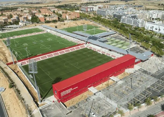 An aerial view of the Atlético de Madrid training pitches in Alcalá de Henares, offering top-tier facilities for player development and training sessions.